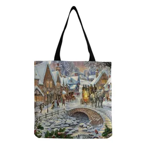 Borsa tote in tela con stampa di villaggio di neve natalizia, borsa per la spesa riutilizzabile