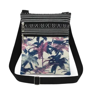 Canvas crossbody bag with palm tree print, adjustable strap and dual zipper pockets for women.