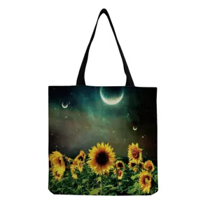 Borsa shopper in tela con stampa girasole e notte stellata, borsa a tracolla casual riutilizzabile.