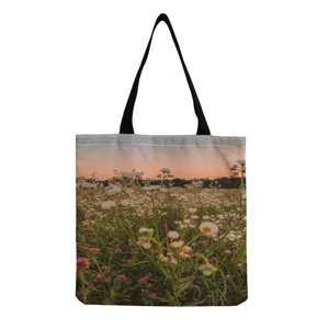 Vue détaillée du sac cabas en toile à imprimé paysage floral, montrant le tissu et les motifs.