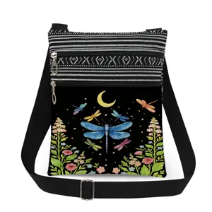 dragonfly print canvas crossbody bag double zipper adjustable strap shoulder bag fashion