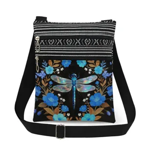 Detailed view of the dragonfly print double zipper crossbody bag with adjustable black strap.