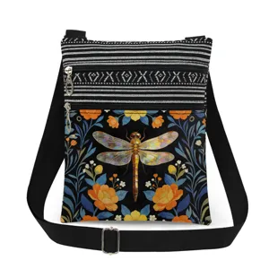 Fashion Women Polyester Dragonfly Print Crossbody Bag Double Zipper Adjustable Strap Messenger Shoulder Bag For Everyday Outdoor Sport