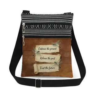 Detailed view of the stylish crossbody messenger bag featuring dragonfly print and double zippers.