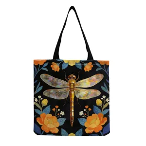 Sac cabas en toile à imprimé libellule vintage, sac à main d'épaule floral élégant femme.