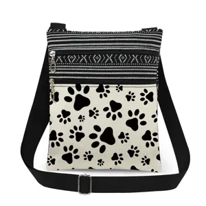 Sac Bandoulière pour Femme à Double Fermeture Éclair Imprimé Patte de Chat Sac Messager en Polyester à Sangle Réglable