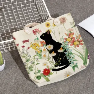Fashion Linen Black Cat Floral Print Tote Bag Women Large Capacity Shoulder Beach Bag With Thick Rope Handle Zipper Leisure Handbag