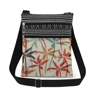 Close-up detail of the double zipper canvas crossbody bag featuring a vibrant palm tree print.