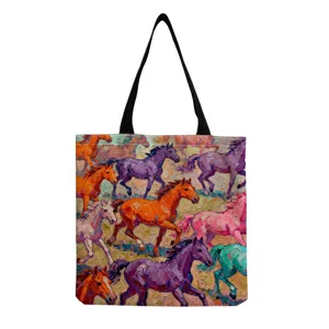 Colorful oil painting running horses print canvas tote bag casual daily shoulder bags