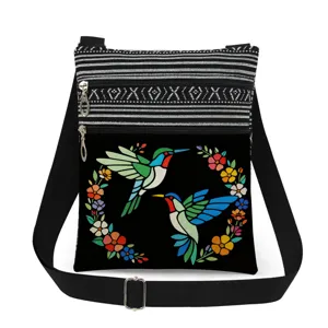 Women Lightweight Canvas Hummingbird Floral Print Messenger Bag Adjustable Shoulder Strap Double Zipper Crossbody Bag Casual Travel Purse