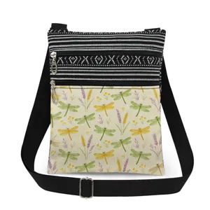 Canvas crossbody bag with double zippers, black-white striped top and cute dragonfly print.