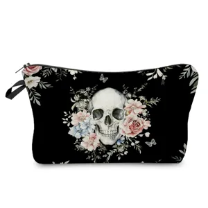 Aquarell Blumen Totenkopf Kosmetiktasche, stilvolles schwarzes Reise-Kulturbeutel-Etui.