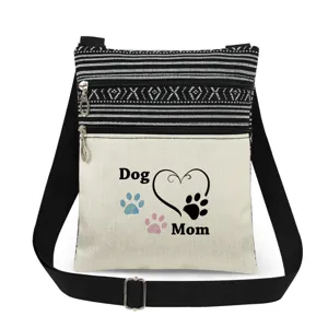 Sac bandoulière en toile avec sangle réglable, rayures noir et blanc et joli imprimé maman de chien.