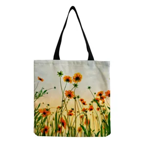 Sac cabas fourre-tout en toile à imprimé floral rétro pour femme, sac à épaule décontracté.