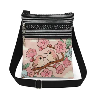 Hummingbird print canvas crossbody bag detail, showing double zipper and adjustable strap.