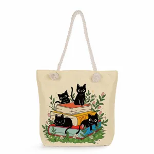 Cute black cats and books print canvas tote bag detailed view, large capacity beach bag.