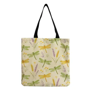 Sac cabas en toile imprime libellule fleur, sac a main mode classique pour femmes.