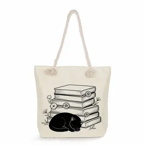 Canvas tote bag featuring a cute sleeping black cat and stacked books print, spacious and stylish daily bag.
