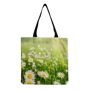 Vue détaillée sac cabas en toile motif marguerites, sac épaule floral décontracté style.