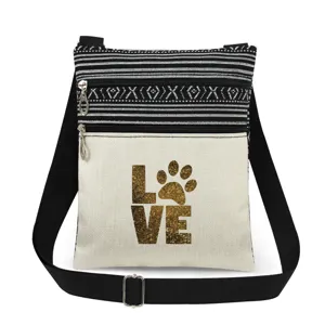 Détail de sac bandoulière en toile montrant l'imprimé patte et double fermeture éclair.