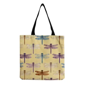 Sac cabas en toile avec impression libellule aquarelle, sac à main d'épaule décontracté.