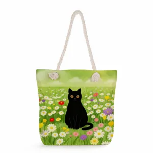 Black cat floral canvas tote bag with thick rope handles, large capacity casual beach bag.