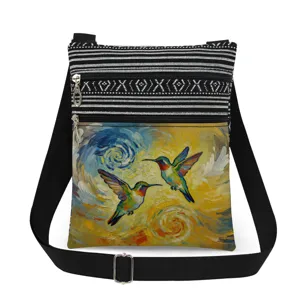 Canvas crossbody bag with hummingbird print and black white stripes, dual zipper messenger bag.