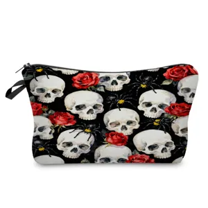 Kosmetiktasche mit Totenkopf und Rosen Muster, geräumiger Make-up Organizer für die Reise.