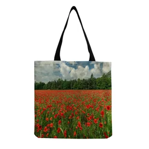 Cabas en toile à motif floral, sac d'épaule élégant paysage de coquelicots pour femmes quotidien.