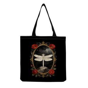 Sac cabas en toile noire avec imprimé libellule et fleurs vintage, sac porté épaule casual.