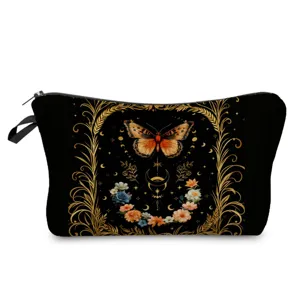 Schwarze Kosmetiktasche mit Vintage Schmetterling Blumen Muster für tägliche Kulturbeutel Reise.