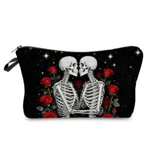 Gothic Totenkopf und rote Rosen Kosmetiktasche, schwarzes Make-up Etui mit Reißverschluss.