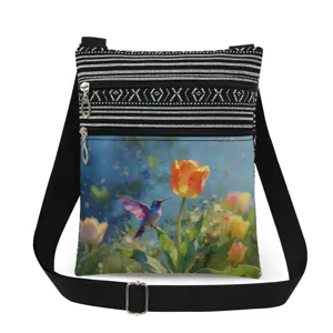 Hummingbird print crossbody bag with double zipper, stylish shoulder messenger bag.