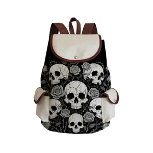 Detailed view of the gothic skull rose printed canvas backpack with classic brown leather trim.