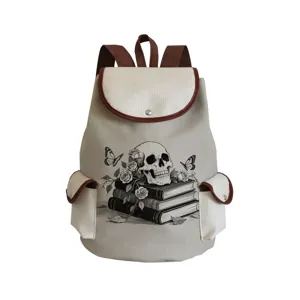 Canvas backpack with gothic skull, books and floral print, brown leather trim, side pockets.