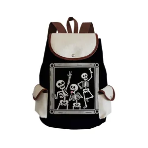 Black canvas backpack featuring skeleton print, brown straps and large storage capacity for school.