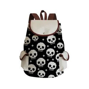 Pixel skull print canvas backpack, casual style student bookbag with brown leather trim details.