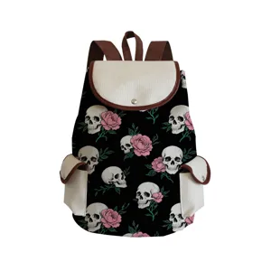 Canvas skull print backpack with brown leather trim, large capacity student school bag.