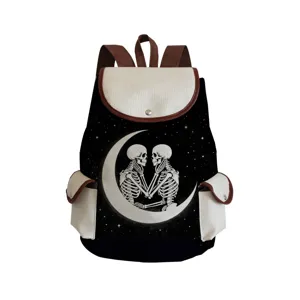 Gothic style canvas backpack with skeleton and moon print, spacious student bookbag.