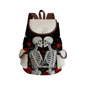 Gothic skeleton and rose print canvas backpack for women, stylish large capacity school bookbag