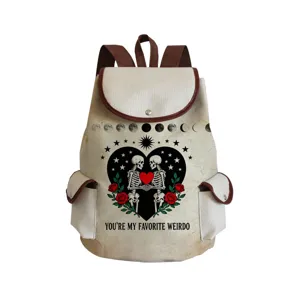 Vintage canvas backpack featuring skeleton couple and rose print, durable casual school bag.
