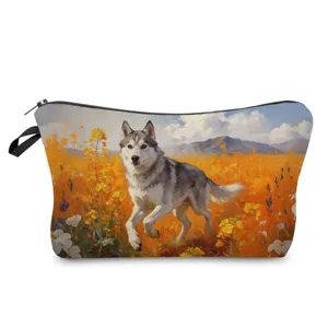 Detailed view of the cute husky puppy print portable makeup bag with smooth zipper closure.