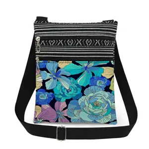 Small crossbody bag with blue floral print, black and white stripes, and adjustable strap.