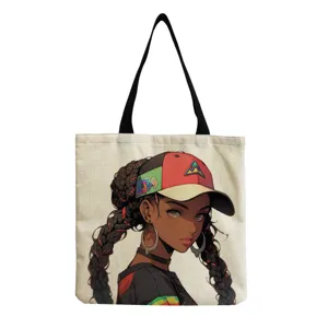 Detailed view of canvas tote bag featuring stylish anime girl print and sturdy black straps.