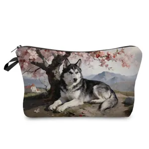 Detail view of the portable cosmetic bag featuring a stunning husky oil painting print design.