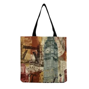 Vintage London landmark print canvas tote bag, large capacity casual shoulder handbag for daily use.