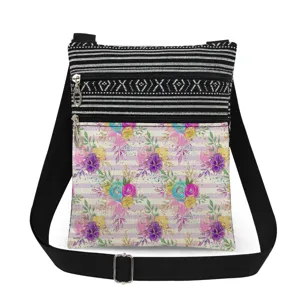 Details of the double zipper canvas crossbody bag featuring colorful floral print and adjustable strap.