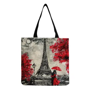 Canvas tote bag with Eiffel Tower and red umbrella print, large capacity casual shoulder bag.