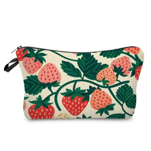 Vintage strawberry print makeup pouch, cute canvas cosmetic bag for daily travel and storage.