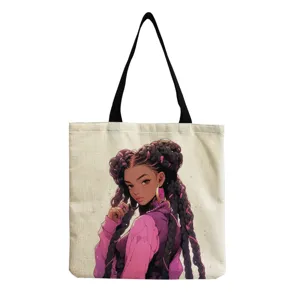 Canvas Tote Bag with Black Girl Print Casual Shoulder Bag Large Capacity Shopper Handbag